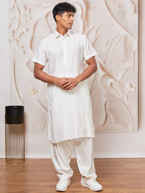 Men's White Viscose Kurta And Patiala Set